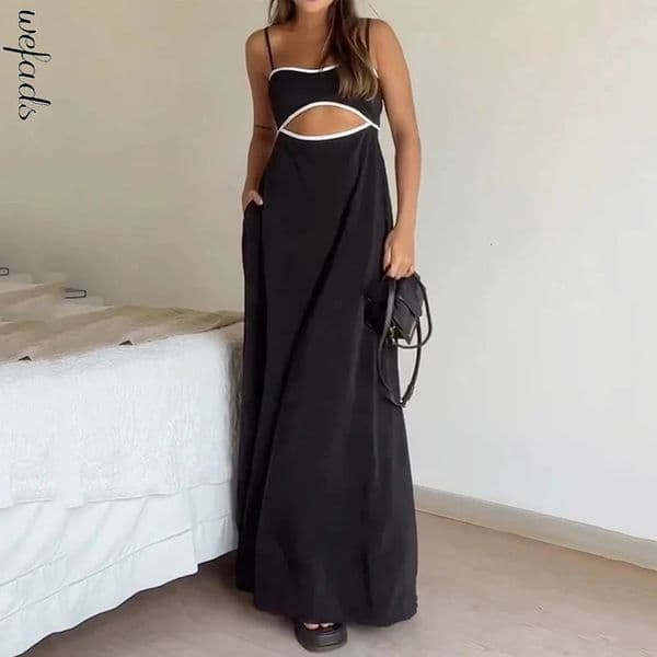 Wefads Maxi dress womens summer casual patch work pendant sleeveless backless lace loose beach long dress 250317