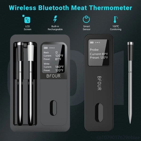 Wireless Bluetooth Meat Thermometer IP67 Waterproof Probes with LCD Screen Booster Rechargeable for Grilling Smoker BBQ Oven 250314
