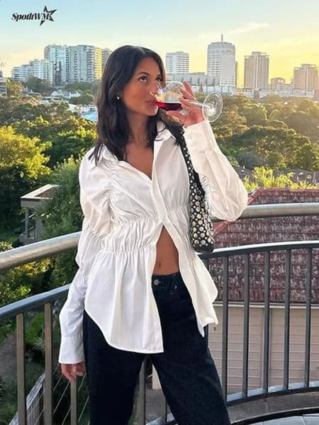 Womens solid pleated collar shirt casual single chest long sleeved loose spring womens high street top 250318
