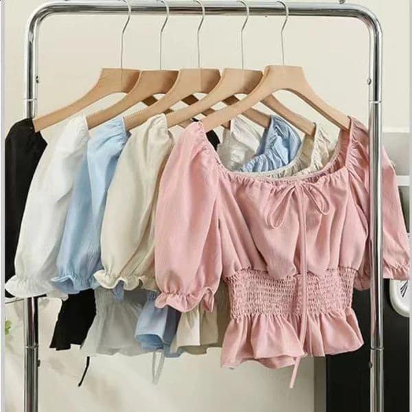 Womens French style shirt and ruffled single line collar short sleeved elastic waist for weight loss casual sweet elegant crop top 250319Z