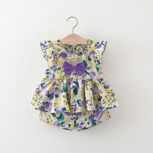 03 years old Summer girl peach print bow sleeve top and shorts set cute cotton twopiece for girls 250319BJ