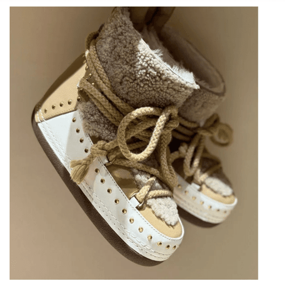 Winter Seasons Colder Curly Rock Boot Warm Shearling Studs Leather Short Booties Fur Sheepskin Black US35-40