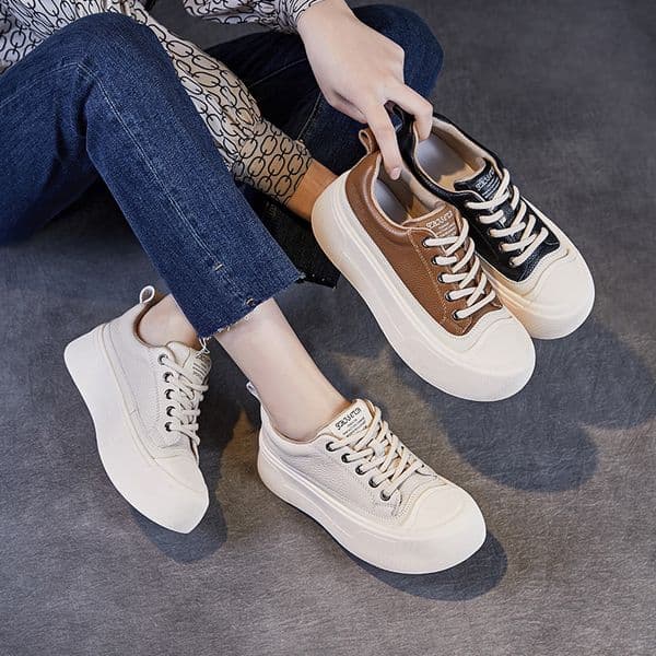 Top layer cowhide thick soled biscuit Women Casual Shoes Spring Autumn 2025 new style sponge cake thick soled casual leather white sports board running shoes
