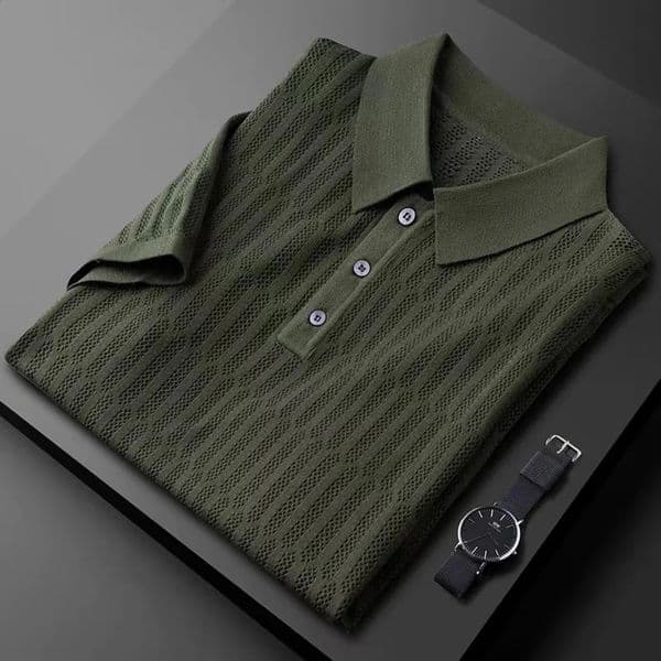 Light summer thin ice silk hollow-out knitted T-shirt mens short sleeve summer fashion jacquard lapel casual POLO shirt 250317