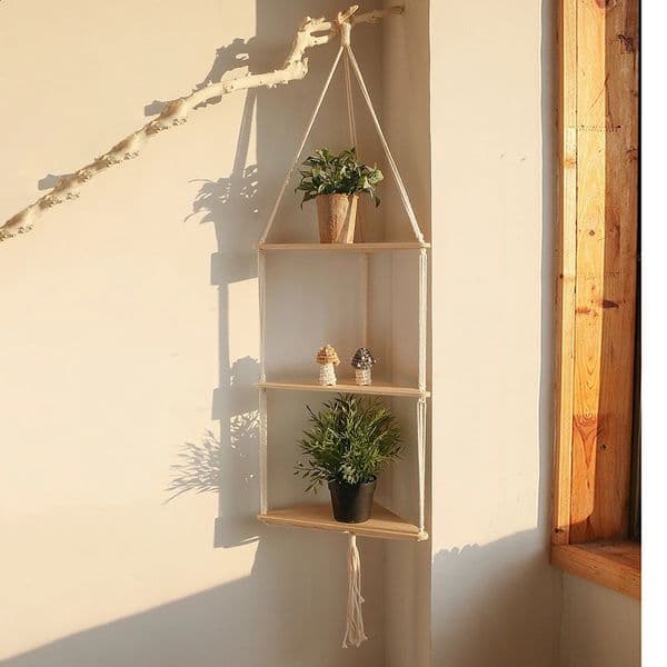 Corner Shelf Macrame Wall Hanging Wood Floating Shelves Rustic Boho Wall Shelf Decor Storage Rack for Plants Pots Po Frames 250314BJ