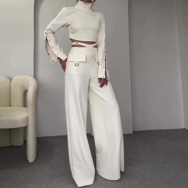 Women Pant Set Work Two Piece Sets Turtleneck Full Sleeve Tops Sexy Wide Leg Long Pants Loose Casual Elegant Matching Sets 250319