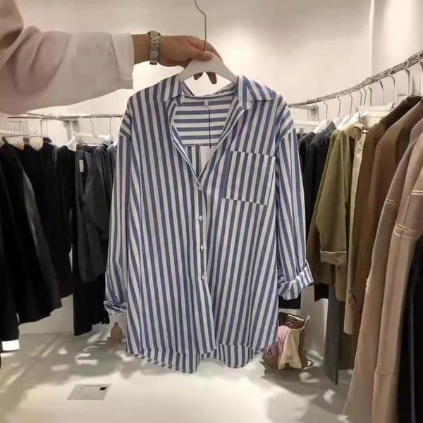 Spring Koeean Loose Casual No Size Small Fresh Vertical Blue Long Sleeve Womens Coat 250318