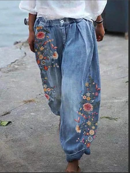 Street Fashion Washed Jeans Women Four Seasons Loose Thin Denim Bloomers Pants Casual Print Elastic Waist Nine Points Jeans 250318