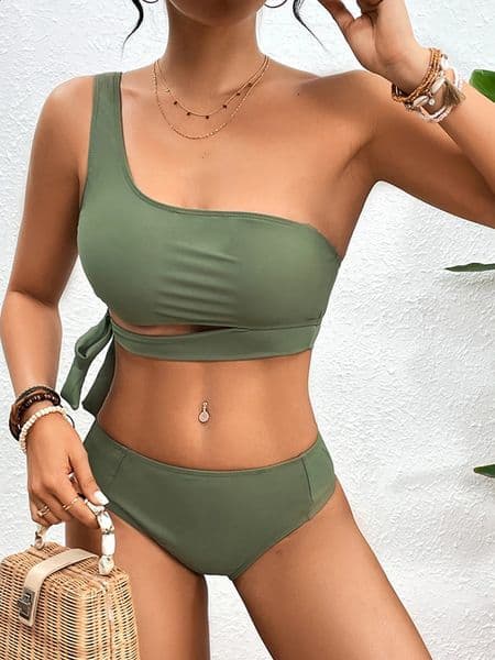 Single shoulder bikini set sexy 2024 swimsuit womens solid paddle bath 250312