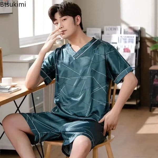 Mens pajamas short sleeved summer ice silk home clothing mens casual thin open collar set 250320