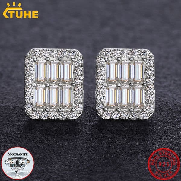 Top Quality 100% Square 925 Silver Earrings Fashion Classic VVS1 Baguette Moissanite Earring For Women Jewelry