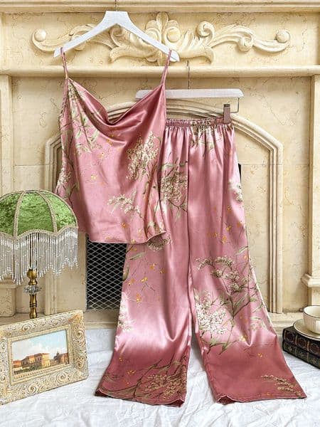Simulated silk vest casual printed half sleeved pajamas fashionable summer womens 250320