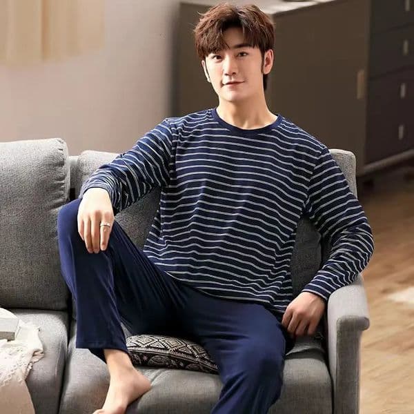 pajamas mens long sleeved striped spring/summer mens clothing for teenagers and winter families casual comfortable and breathable set 250320
