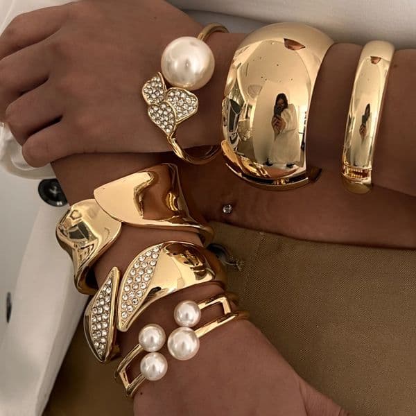 Ingemark 6 Styles Vintage Hip Hop Pearl Beads Open Cuff Bangles Women Punk Gold Color Rhinestone Bracelet Men Jewelry 250320