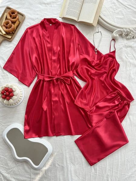 3piece Vneck womens solid color Dexy Robe and Halter sleepwear polyester set 250320