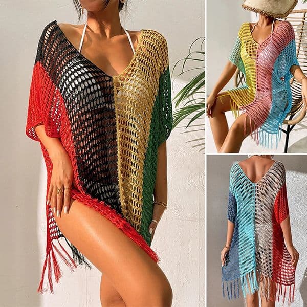 Knitted Contrast Tassel Bikini Summer Beach Cover Up Sexy Hollow Out Women V Neck Loose Beachwear Sunscreen Smock 250317