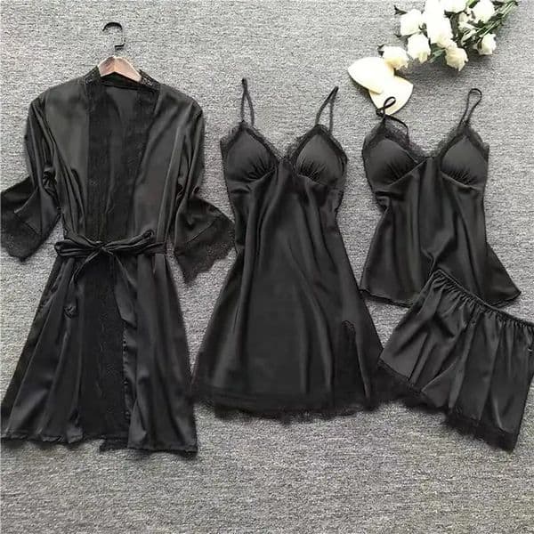4piece pajama set silk womens lace dress solid color 250320