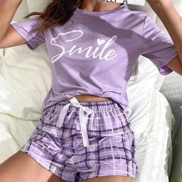 Womens Pajama Set Short Sleeve Top and Pants Artificial Cotton Pjs Casual Clothing Grid Printing 250320