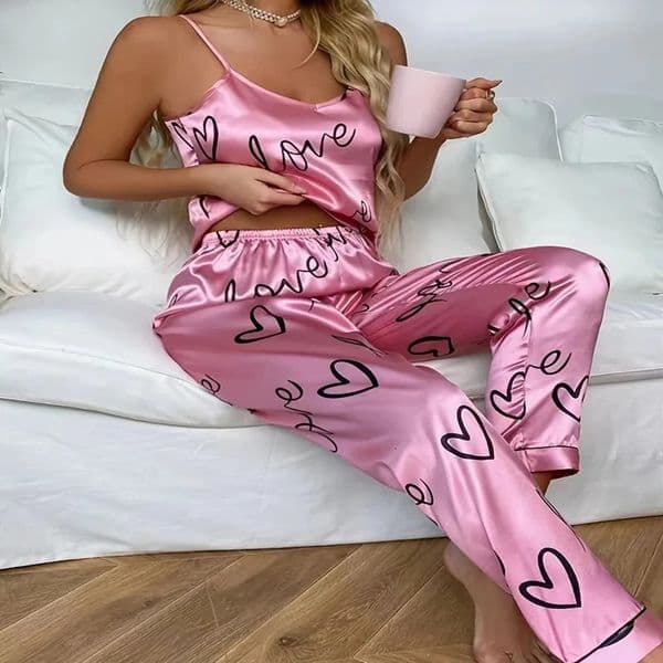 2PCSSet Womens Satin Sleepwear Letter Printed Cami Tank Top with Trouser Sexy Fashion Casual Soft Home Clothing 250320