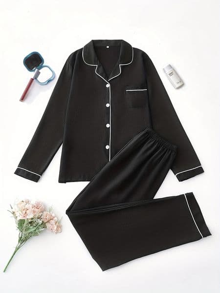Womens Long Sleeve Pajama Set Casual Solid Color Button Pocket Top Pants Polyester Adult Pajamas 250320