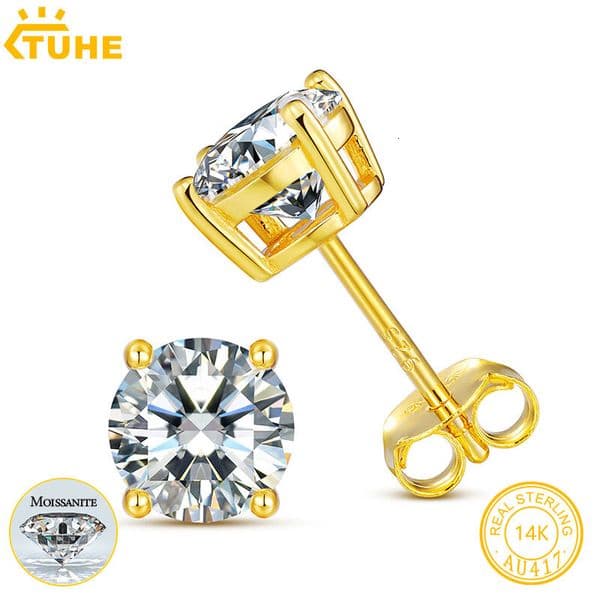 TUHE Unisex 14k Real 6mm Moissanite Diamond Stud For Men Women 10K Yellow Gold Screw Back Earrings Fine J