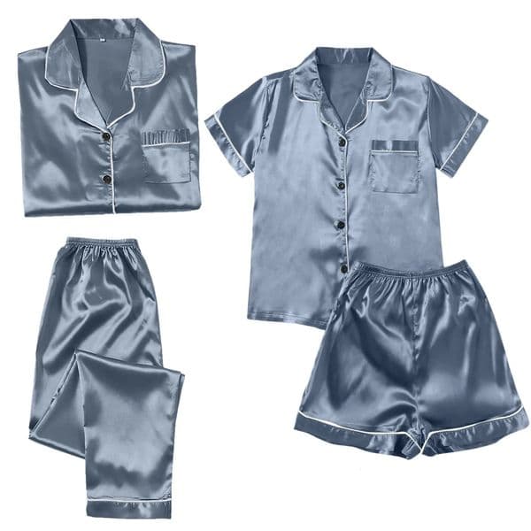 4piece womens blue sleepwear set silk satin top long sleeved solid button night light 250320