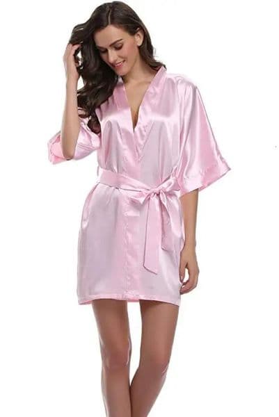 Solid color satin dress pink purple silver short sleeved kimono womens simple pajamas wedding party 250320