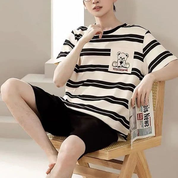 2 Piece Set Sleepwear Men Large Size Youth Pajamas Striped Bear Home Wear Man Nightwear Loungewear Comforts Breathable Casual 250320