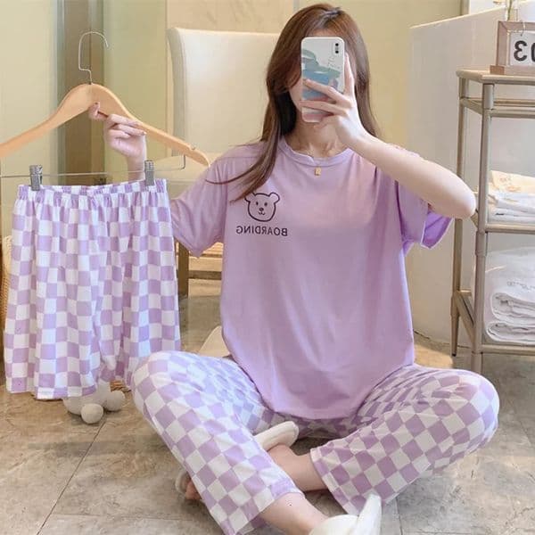 Womens Summer Three piece Pajama Short Sleep Trouser Cartoon Casual Set 250320
