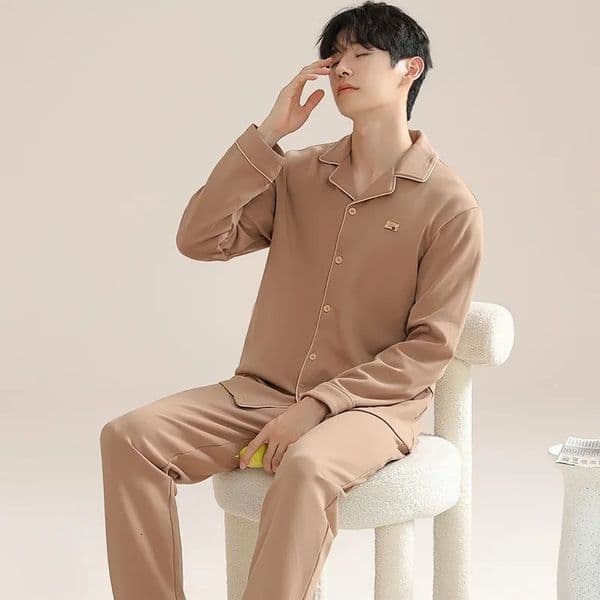 High quality mens sleepwear set for autumn and winter 100% pure cotton evening dress lapel comfortable soft boys 250320