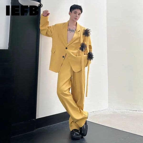 IEFB Niche Mens Two-piece Ribbon Mesh Floral Single Breasted Blazer Contrast Color Straight Wide Leg Suit Pants 9C8190 250314