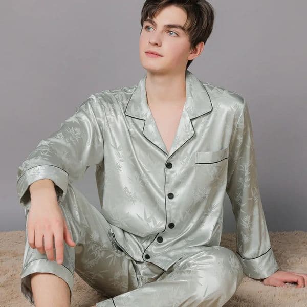 Mens Ice Silk Pyjamas Suit Summer Plus Size Satin Thin Plaid Male Home Clothes Fashion Print High Quality Sleepwear Boy 250320