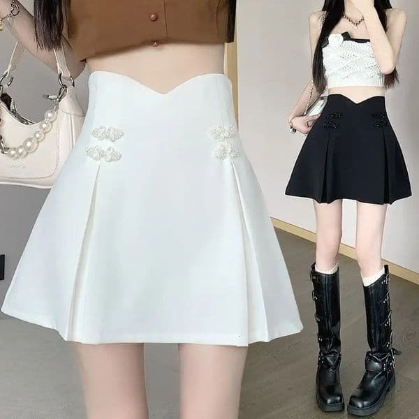 Women Summer Chinese Style Buttons Solid Color High Waist Appear Thin Skirt Ladies Simplicity Office Lady All-match Short Skirt 250320