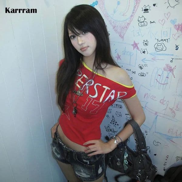 Karrram Japanese Y2k Off Shoulder T-shirt Trashy 2000s Letter Print Crop Top Vintage Harajuku Rhinestones T Shirt American Retro 250317