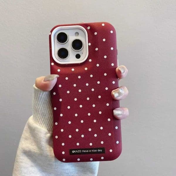 Korean INS 3-in-1 leather textured polka dot fashionable puff phone case suitable for 16 PIUS 15 14 13 12 ProMax 11 back phone cover CapaXJ250321