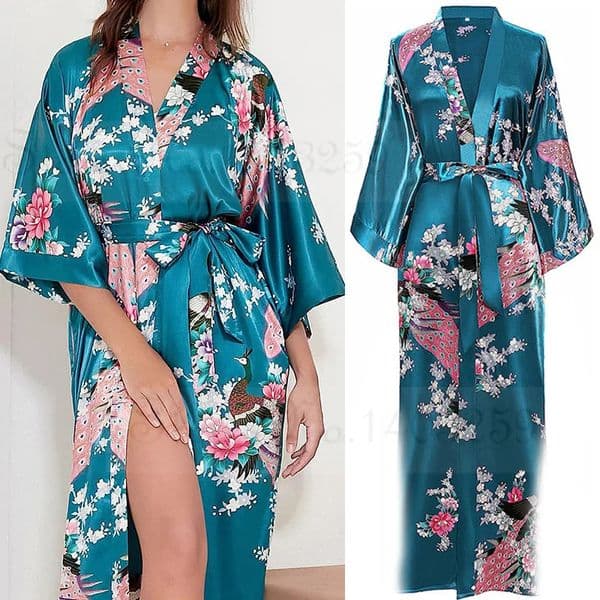 Large Size 3XL Flower Kimono Bathrobe Gown Women Long Robe Nightgown Print Peacock Satin Sleepwear Home Dress Loose Loungewear 250321