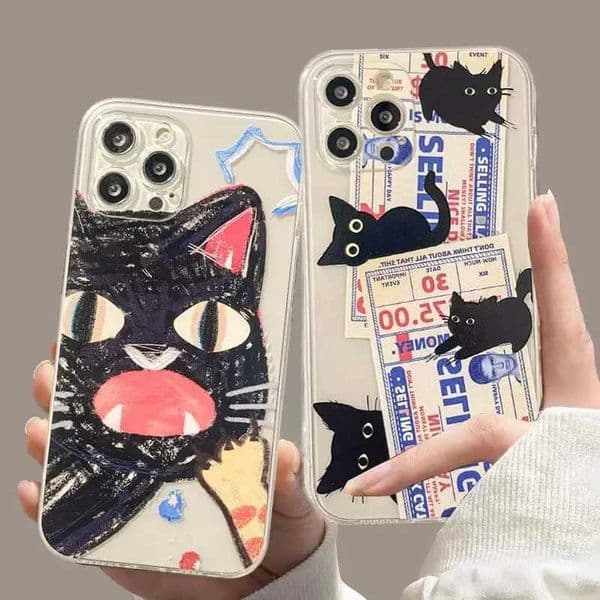 Doodle Angry Cat Case for 13 16 Pro Max 11 12 14 15 Pro Max 7 8 Plus 13 Mini XS XR SE 2022 13Pro Back Cover Clear FundasXJ250321