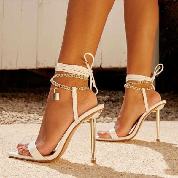 Electroplated Pointed Heel Sandals with Metal Chain - Sizes 35-42