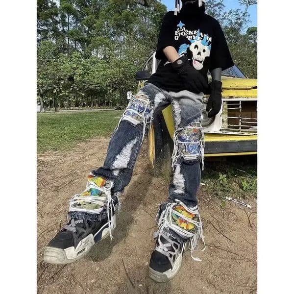 Destructive Brush Washed Heavy Industrial ed Jeans for Men and Women in Europe America Street Trendy Trouser 250317