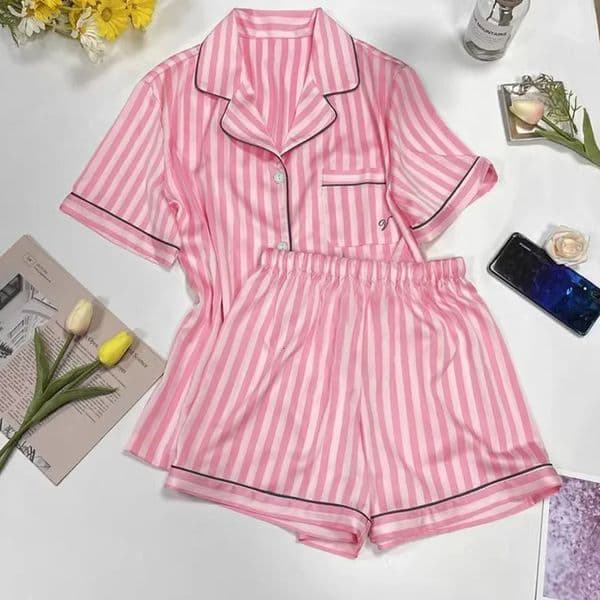 2026 Womens Set Spring And Autumn 2-Piece Printed Striped Artificial Silk Satin Short Sleeve Pajama Free Shipping