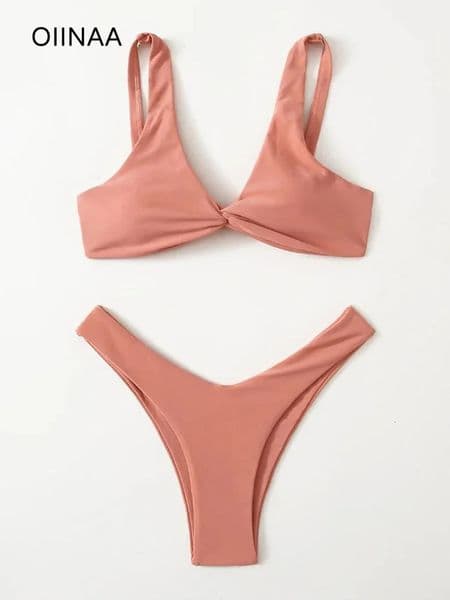 OIINAA swimsuit womens solid sexy bow brushed summer bikini set twopiece beach suit thong Biquinis 250321