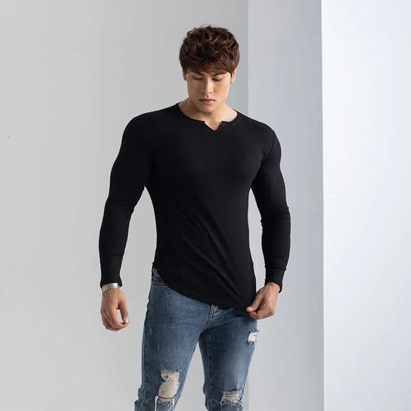 2024 mens texture stripes solid color V-neck tights elastic running hip hop long sleeve T-shirt spring and autumn shirt250312BJ