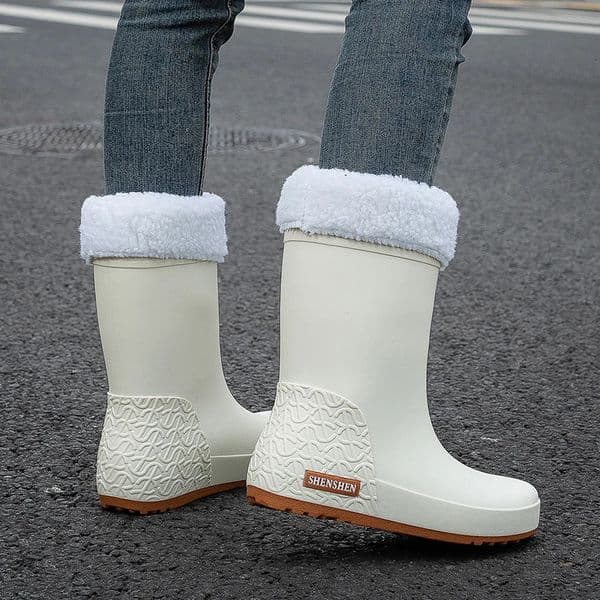 Womens winter warm snow boots fashionable rainy day outdoor cotton rubber shoes adult waterproof anti-slip rain boots mid-tube 250317