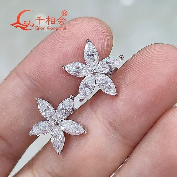S925 silver 3*6mm marquise shape 5 flowers D VVS moissanite stone ear stud Earring for jewelry gift dating women wedding