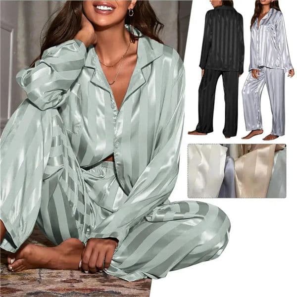 Womens Summer Striped Pajama Set Long Sleeve Top Trouser Silk Satin Home Set Spring Loose Casual Pajama Womens Pajama 250321