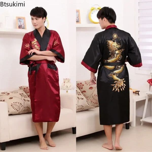 Couple Tang Set Embroidered Pajama Mens Dragon Robe Home Clothing Satin Kimono Bathroom One Size 250320