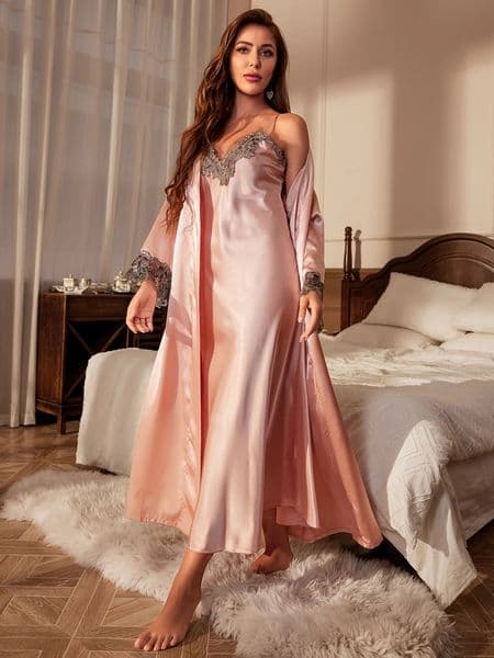 2026 Contrast Lace Pajama Set Long Sleeve Robe With Belt V Neck Slip Dress Womens Sleepwear Loungewear Free Shipping