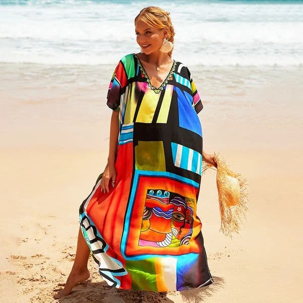 Plus size swimsuit Kaftan beach cover Ups colorful clothing womens vacation set 250321