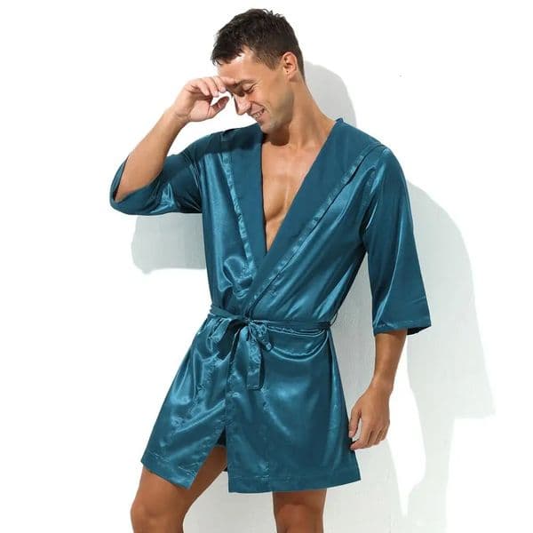 Sexy pajamas mens long robe bathroom soft silk short sleeved without shorts 250320