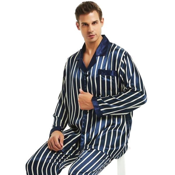 Mens silk satin pajama set casual wear S4XL striped 250320